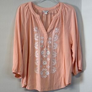 Garnet Hill Coral Boho Embroidered Peasant Blouse Women's Size L